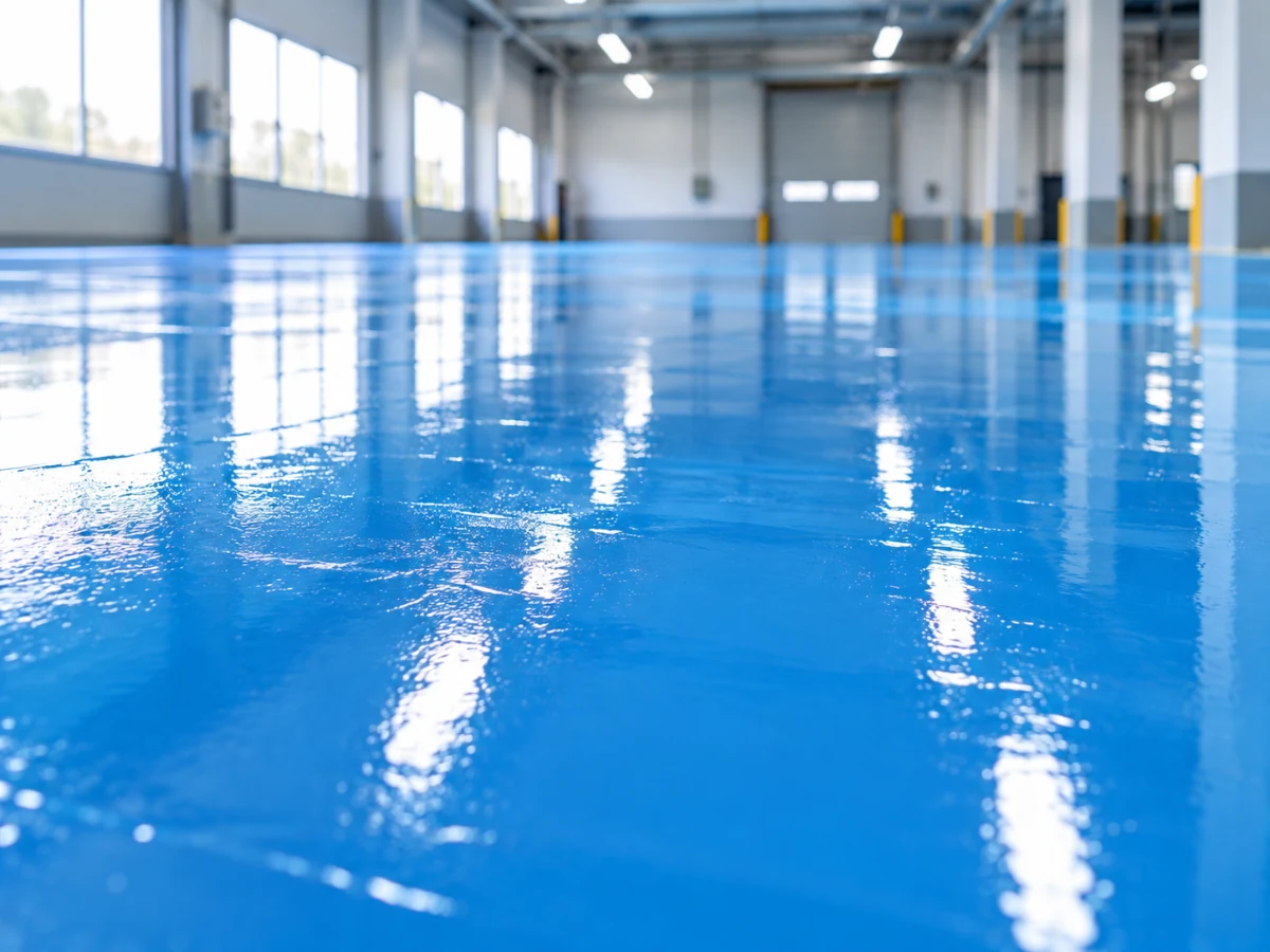 Suelo de resina epoxi azul con acabado brillante en una nave industrial