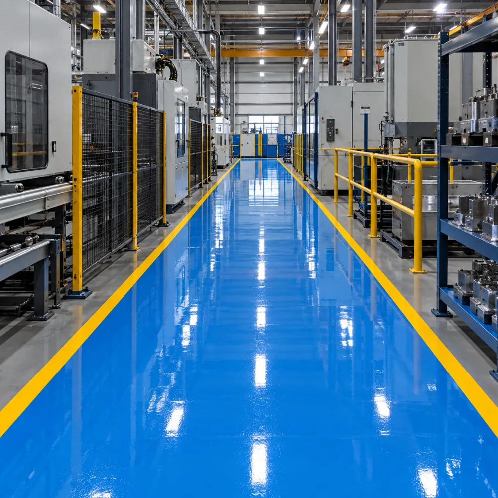 Pasillo industrial con pavimento azul y delimitación amarilla
