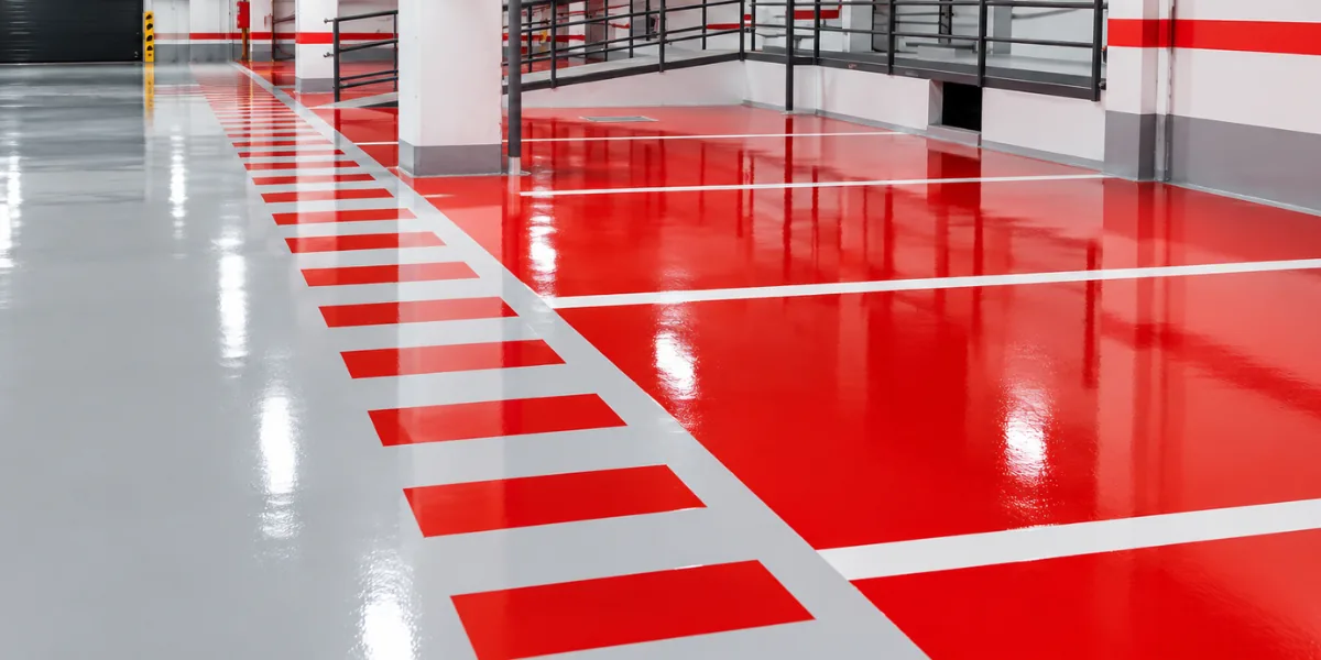 Pavimento industrial con zonas grises y rojas separadas mediante líneas blancas