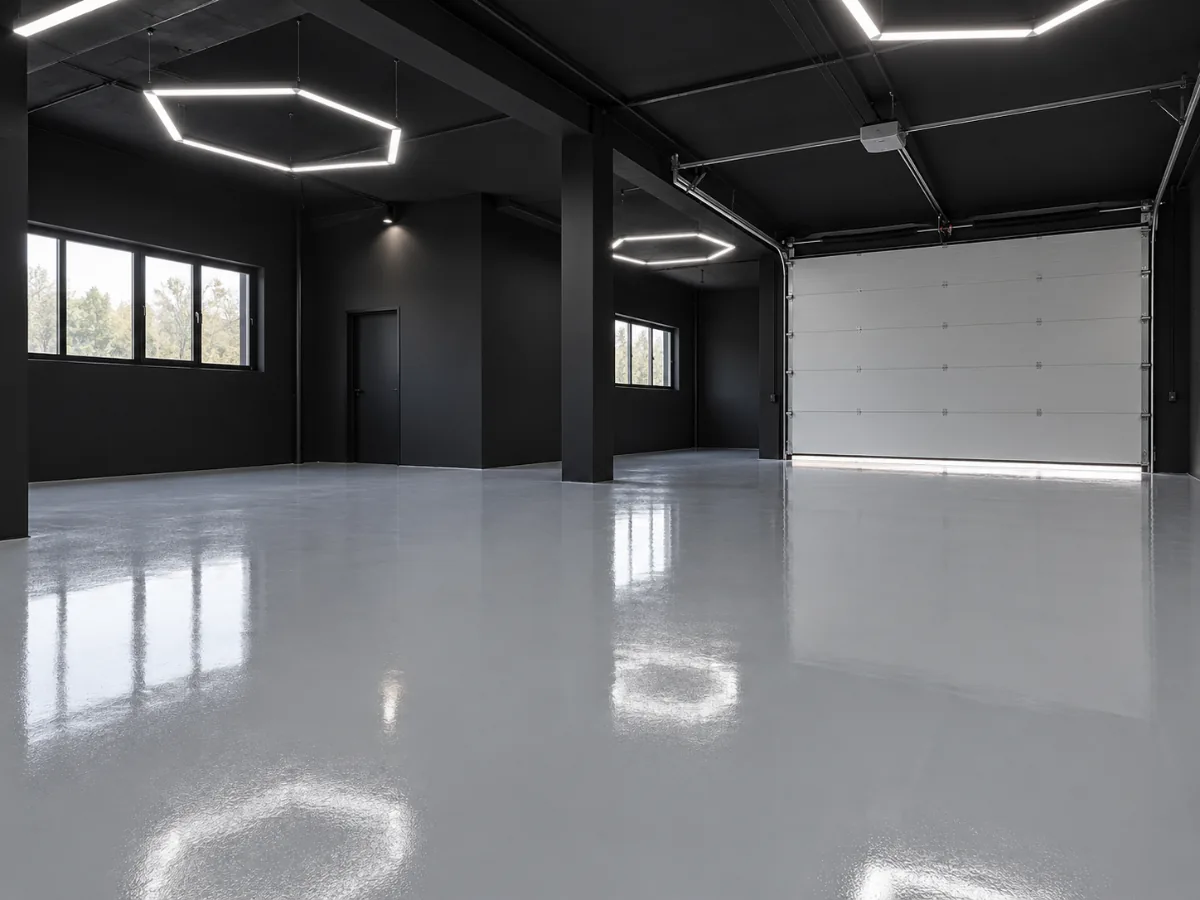 Pavimento continuo gris en una nave de grandes dimensiones