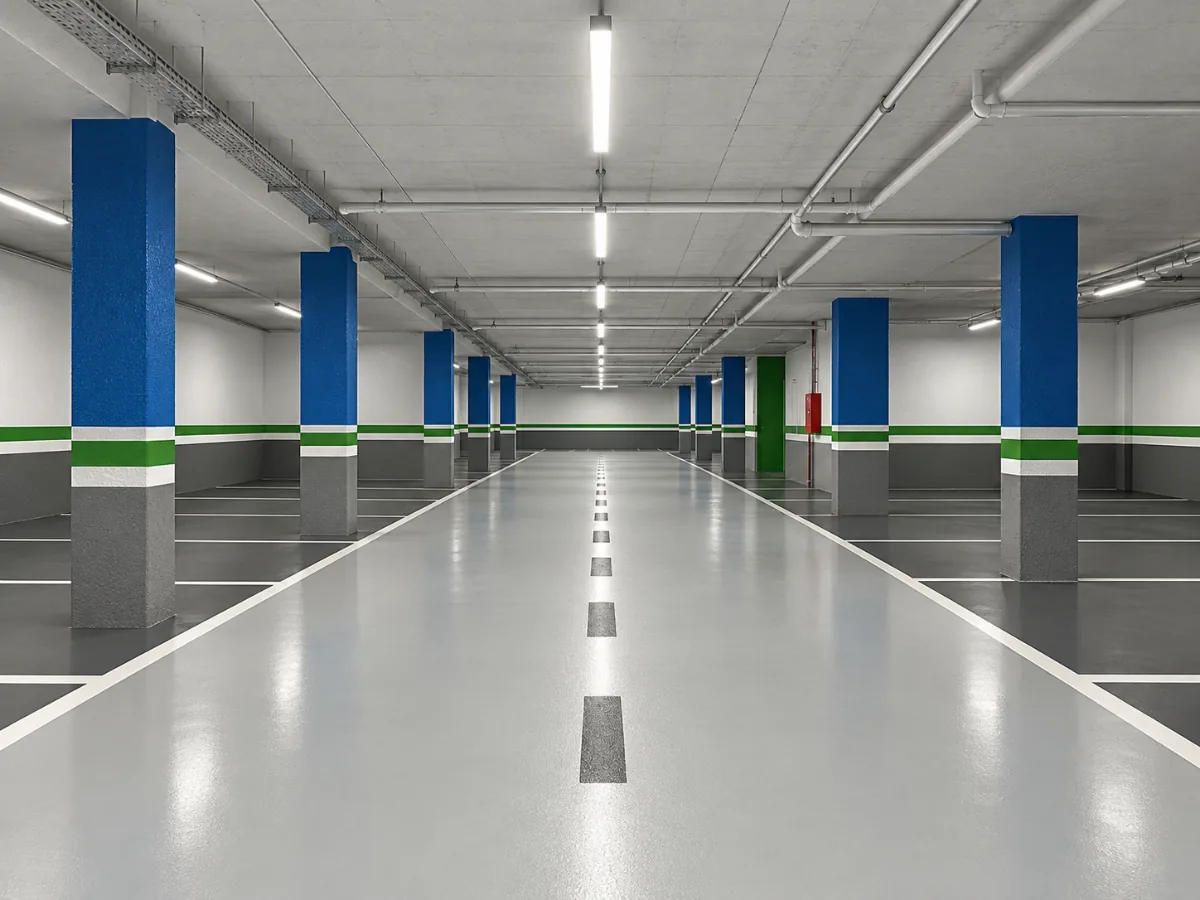 Parking con suelo gris continuo, plazas señalizadas y pilares azules